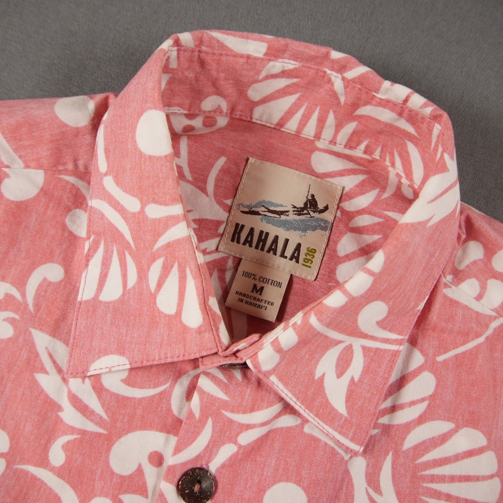 Kahala Tropical Floral Hawaii Aloha Vacation Shirt Mens M Pink White Cotton